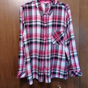 Large Victoria's Secret Dreamer Pink and Black Plaid Flannel Shirt Pajama Top